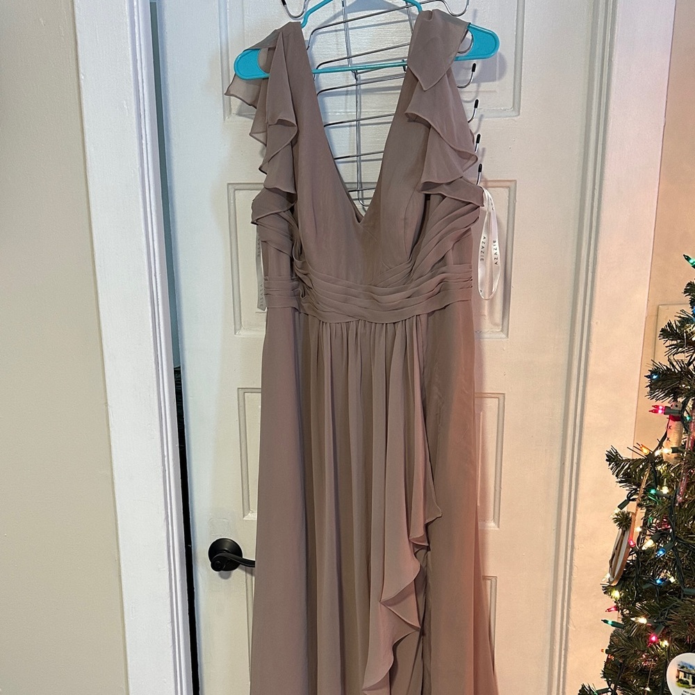 Azazie Asymmetrical Ruffle Dress in Taupe